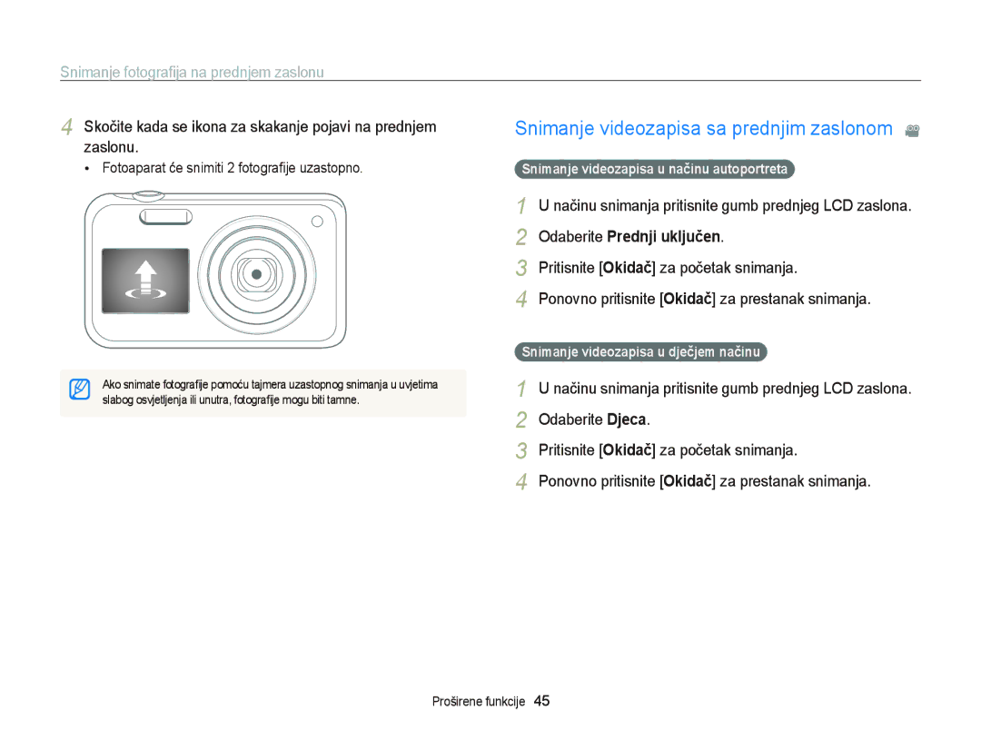 Samsung EC-PL20ZZBPSE3, EC-PL120ZFPBE3 manual Zaslonu, Odaberite Prednji uključen, Snimanje videozapisa u dječjem načinu 