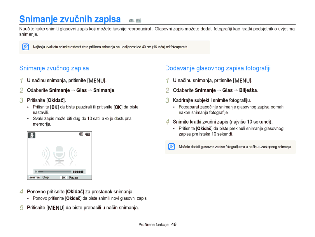 Samsung EC-PL20ZZBPPE3 manual Snimanje zvučnih zapisa p s, Snimanje zvučnog zapisa, Odaberite Snimanje “ Glas “ Snimanje 