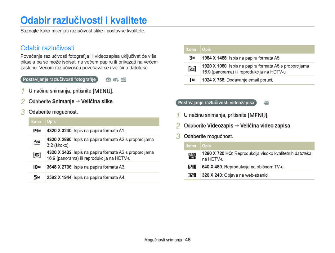 Samsung EC-PL20ZZBPRE3, EC-PL120ZFPBE3 manual Odabir razlučivosti i kvalitete, Postavljanje razlučivosti fotograﬁje S p s 