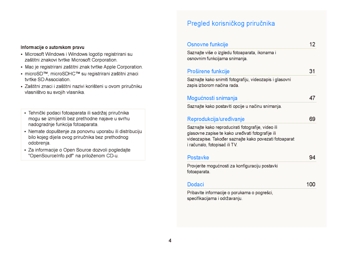 Samsung EC-PL20ZZBPBE3, EC-PL120ZFPBE3, EC-PL210ZBPBE3 manual Pregled korisničkog priručnika, Informacije o autorskom pravu 