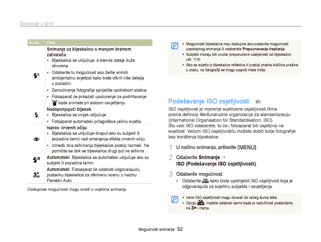 Samsung EC-PL120ZFPSE3, EC-PL120ZFPBE3 Podešavanje ISO osjetljivosti p, Snimanje u tami, ISO Podešavanje ISO osjetljivosti 