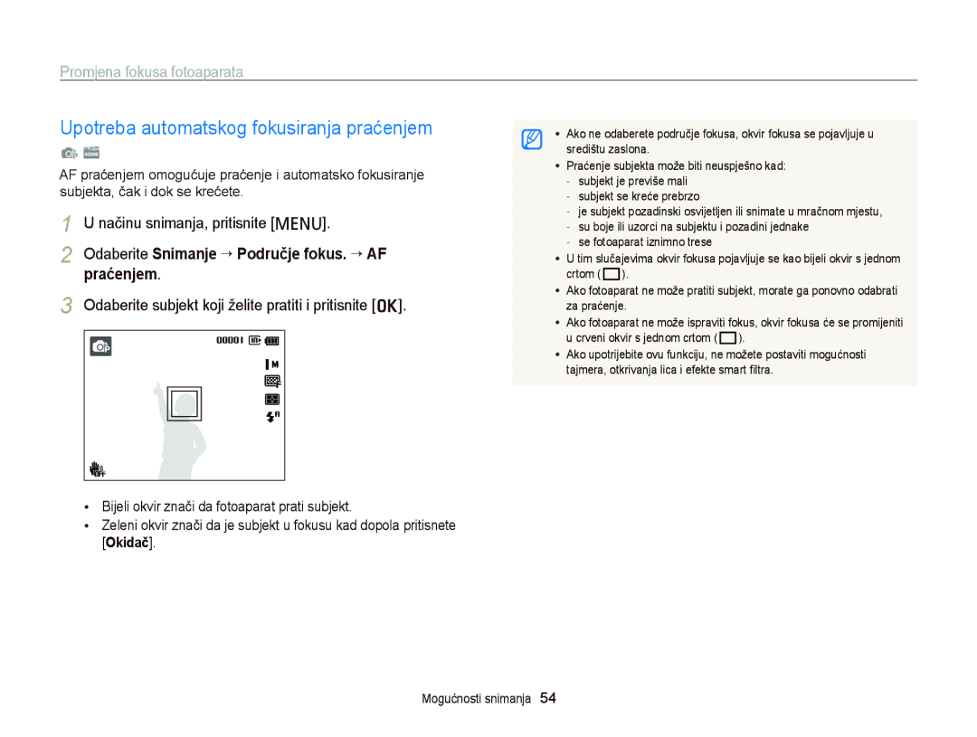 Samsung EC-PL20ZZBPBE3, EC-PL120ZFPBE3 Upotreba automatskog fokusiranja praćenjem, Promjena fokusa fotoaparata, Praćenjem 