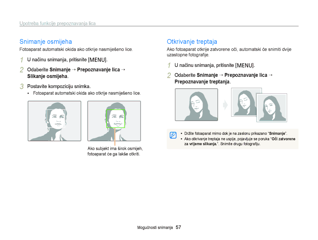 Samsung EC-PL120ZFPLE3, EC-PL120ZFPBE3 manual Snimanje osmijeha, Otkrivanje treptaja, Upotreba funkcije prepoznavanja lica 