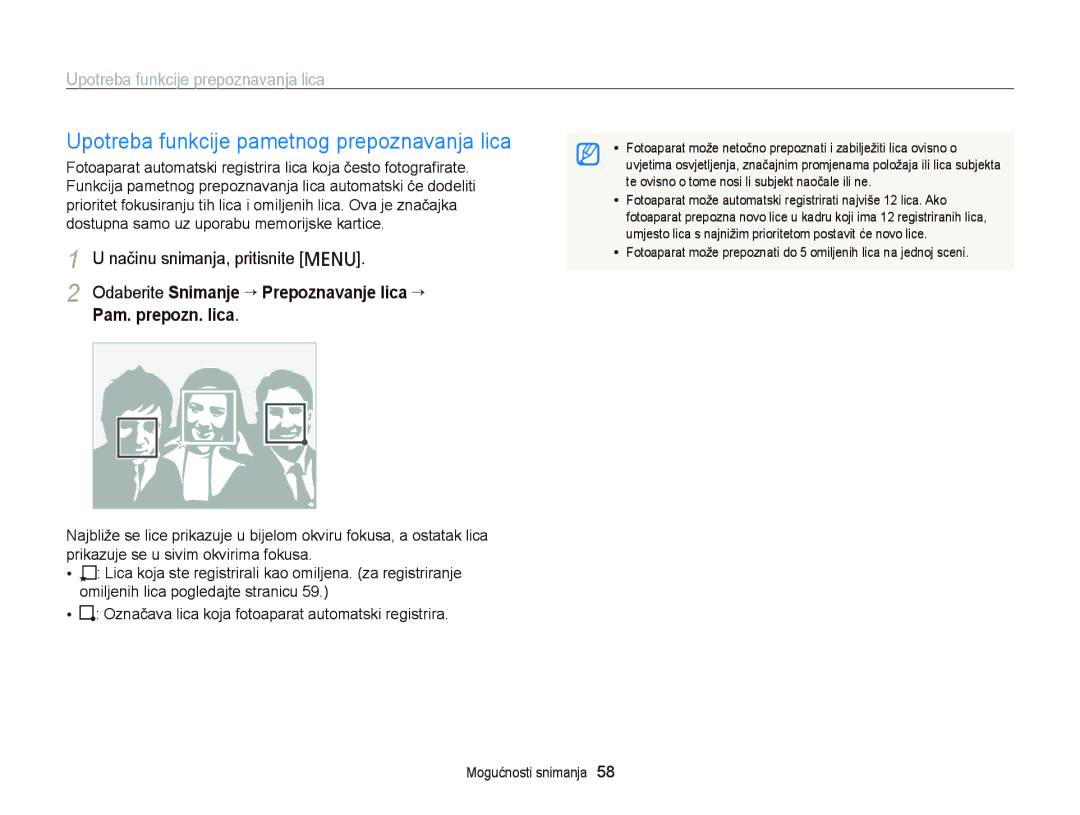 Samsung EC-PL20ZZBPRE3, EC-PL120ZFPBE3, EC-PL210ZBPBE3, EC-PL120ZBPSE3 manual Upotreba funkcije pametnog prepoznavanja lica 