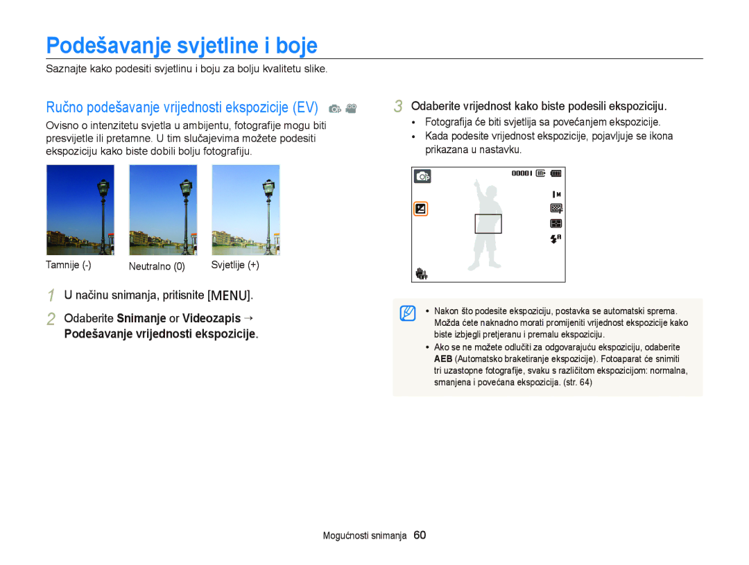 Samsung EC-PL210ZBPBE3, EC-PL120ZFPBE3 manual Podešavanje svjetline i boje, Ručno podešavanje vrijednosti ekspozicije EV p 