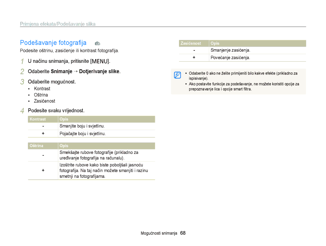 Samsung EC-PL20ZZBPRE3 manual Podešavanje fotograﬁja p, Odaberite Snimanje “ Dotjerivanje slike, Podesite svaku vrijednost 