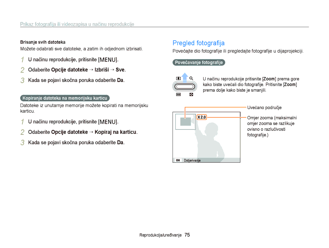 Samsung EC-PL20ZZBPSE3 manual Pregled fotograﬁja, Odaberite Opcije datoteke “ Kopiraj na karticu, Brisanje svih datoteka 