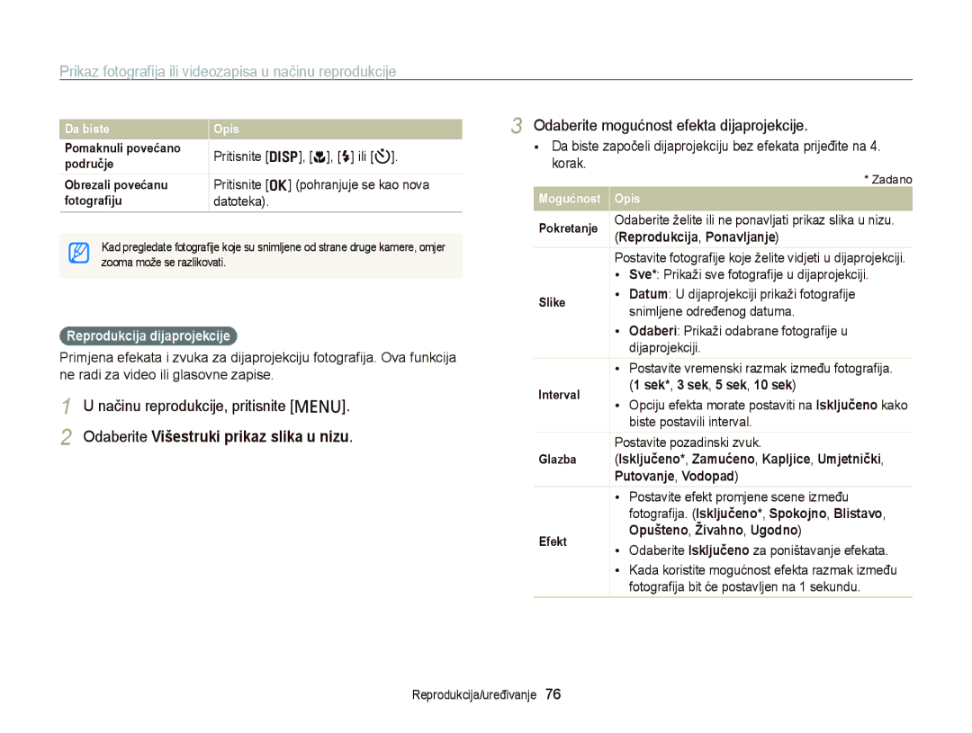 Samsung EC-PL20ZZBPPE3, EC-PL120ZFPBE3 manual Odaberite mogućnost efekta dijaprojekcije, Reprodukcija dijaprojekcije 