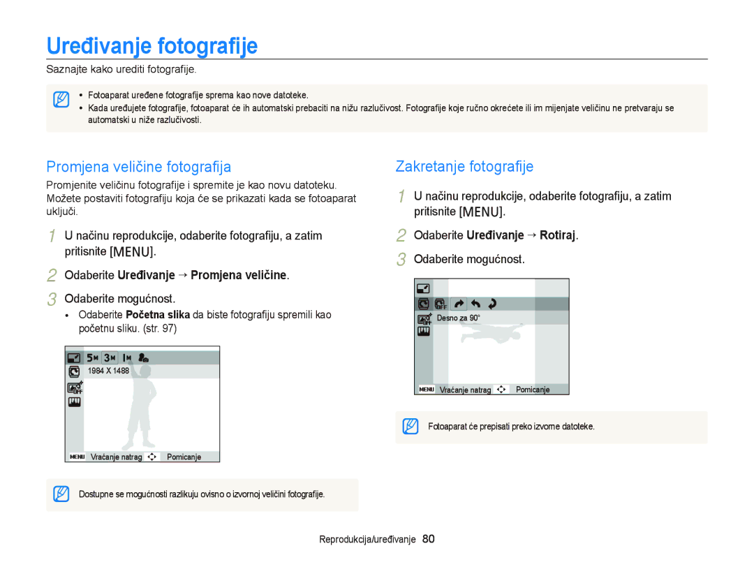 Samsung EC-PL210ZBPBE3, EC-PL120ZFPBE3 manual Uređivanje fotograﬁje, Promjena veličine fotograﬁja, Zakretanje fotograﬁje 