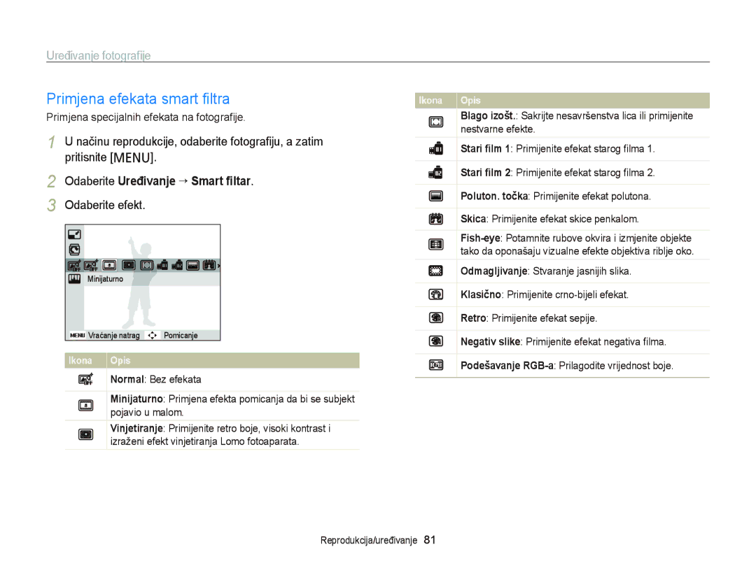 Samsung EC-PL120ZBPSE3 manual Primjena efekata smart ﬁltra, Uređivanje fotograﬁje, Odaberite Uređivanje “ Smart ﬁltar 