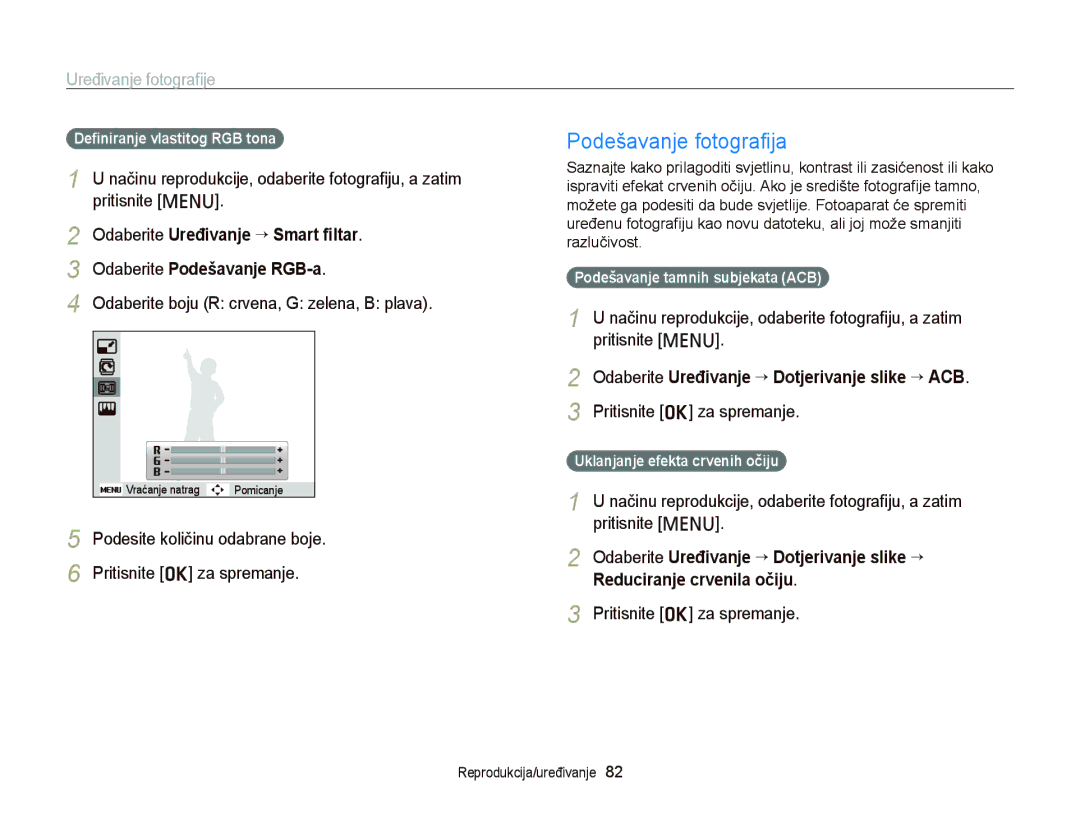 Samsung EC-PL120ZFPSE3 manual Podešavanje fotograﬁja, Odaberite Podešavanje RGB-a, Podešavanje tamnih subjekata ACB 