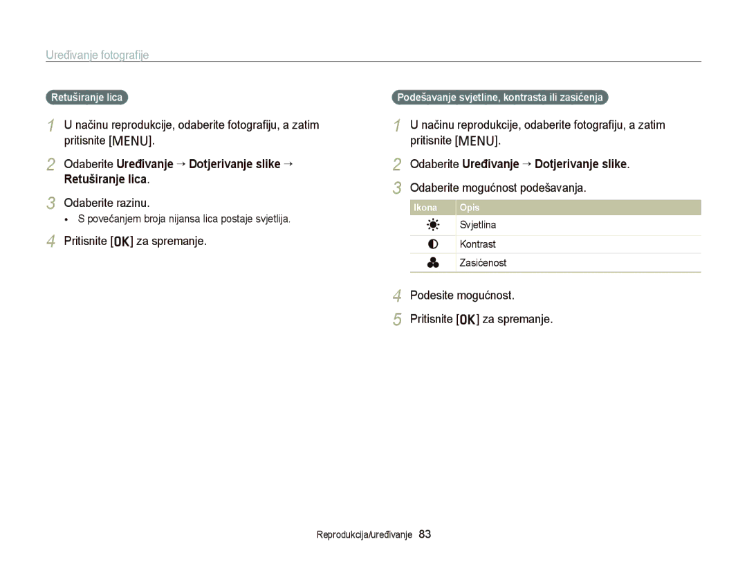 Samsung EC-PL120ZBPBE3 manual Odaberite razinu, Odaberite Uređivanje “ Dotjerivanje slike, Odaberite mogućnost podešavanja 