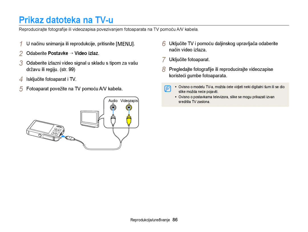 Samsung EC-PL20ZZBPPE3 Prikaz datoteka na TV-u, Način video izlaza, Uključite fotoaparat, Koristeći gumbe fotoaparata 