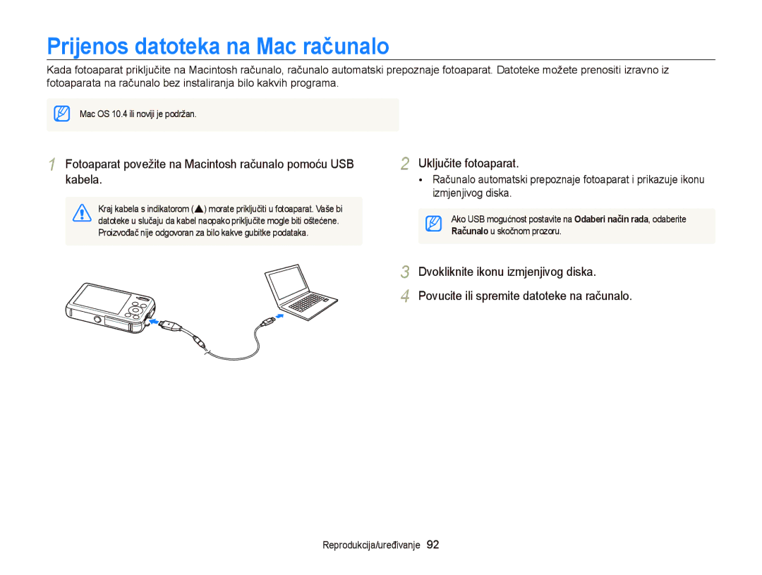 Samsung EC-PL120ZFPSE3 Prijenos datoteka na Mac računalo, Fotoaparat povežite na Macintosh računalo pomoću USB kabela 