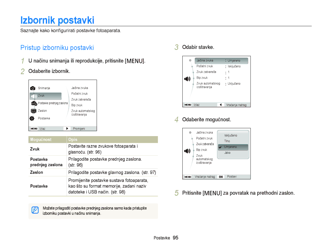 Samsung EC-PL20ZZBPSE3, EC-PL120ZFPBE3, EC-PL210ZBPBE3 manual Izbornik postavki, Pristup izborniku postavki, Odabir stavke 