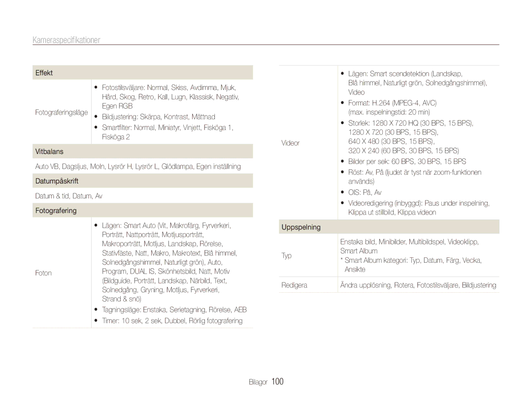 Samsung EC-PL150ZBPVE2, EC-PL150ZBPLE2, EC-PL150ZBPRE2 manual Kameraspecifikationer 