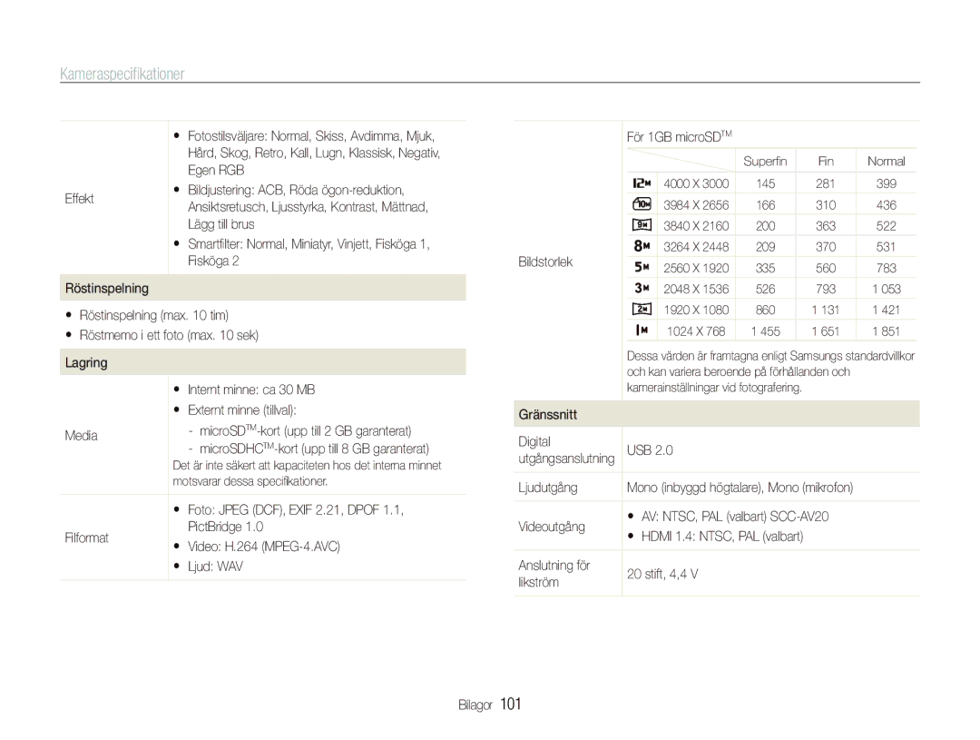 Samsung EC-PL150ZBPLE2, EC-PL150ZBPRE2, EC-PL150ZBPVE2 manual Kameraspeciﬁkationer 