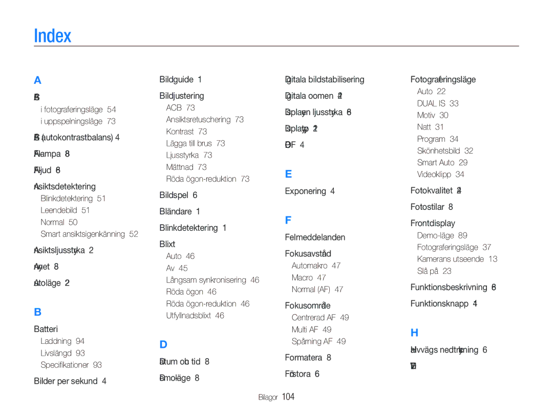 Samsung EC-PL150ZBPLE2, EC-PL150ZBPRE2, EC-PL150ZBPVE2 Index, Laddning Livslängd Speciﬁkationer, Automakro Macro Normal AF 