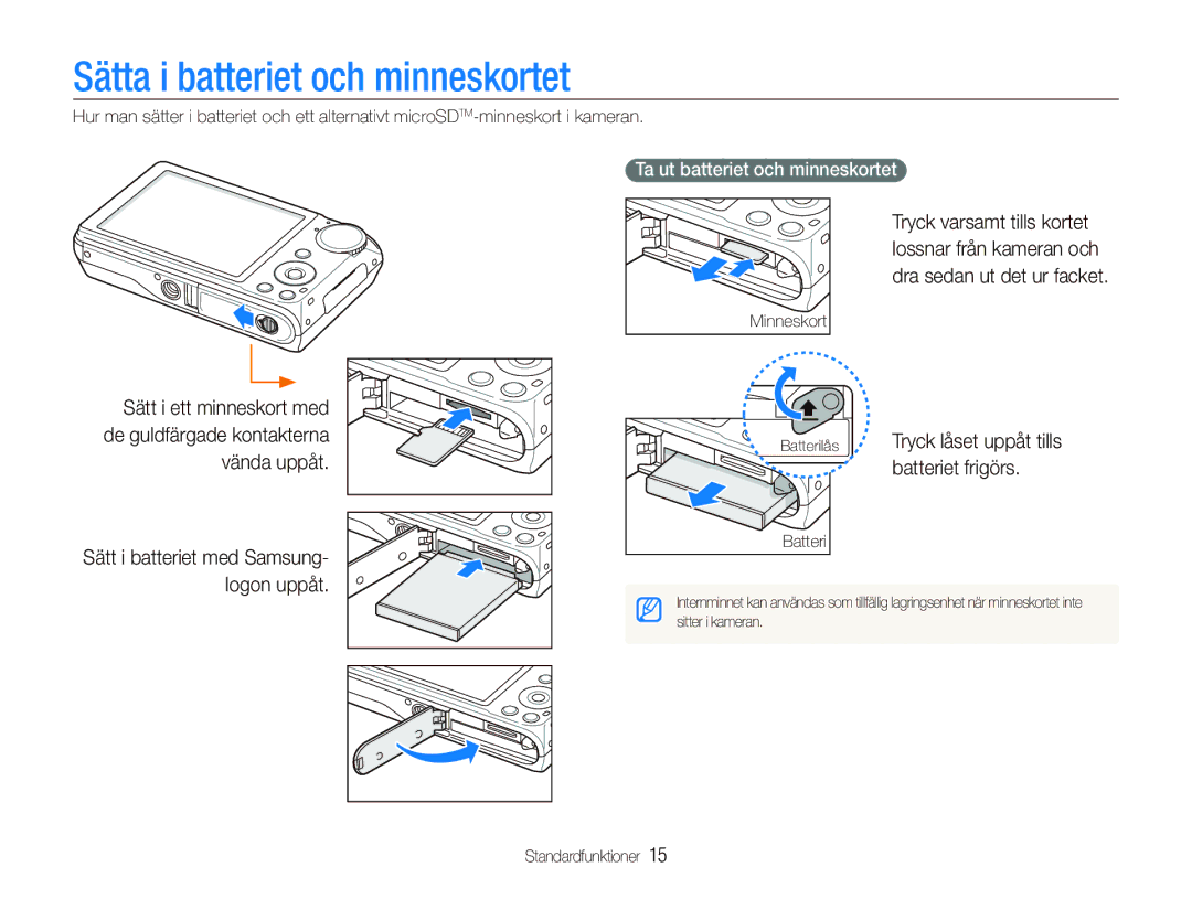 Samsung EC-PL150ZBPRE2 manual Sätta i batteriet och minneskortet, Batteriet frigörs, Ta ut batteriet och minneskortet 