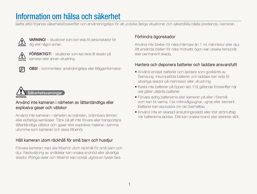 Samsung EC-PL150ZBPVE2 Förhindra ögonskador, Hantera och deponera batterier och laddare ansvarsfullt, Säkerhetsvarningar 