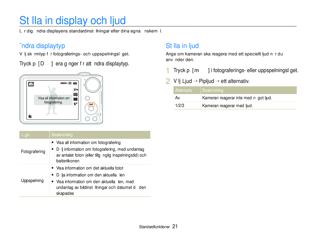 Samsung EC-PL150ZBPRE2 Ställa in display och ljud, Ändra displaytyp, Ställa in ljud, Välj Ljud “ Pipljud “ ett alternativ 