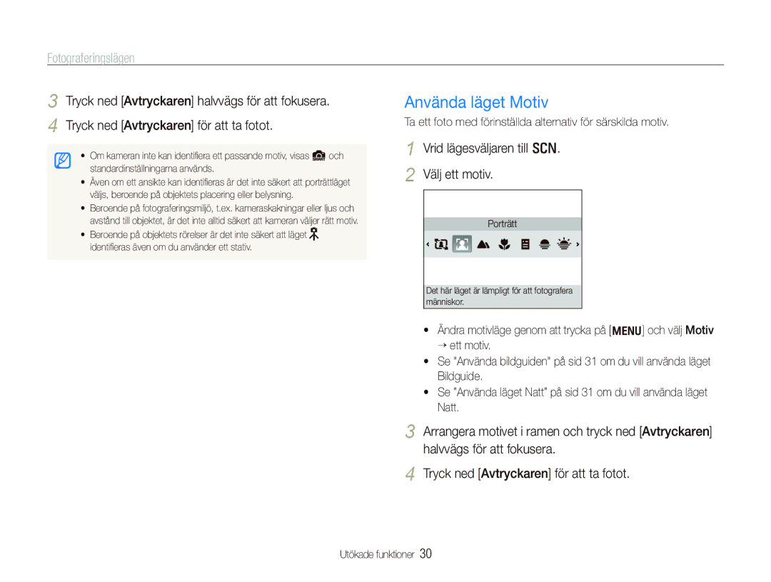 Samsung EC-PL150ZBPRE2, EC-PL150ZBPLE2 Använda läget Motiv, Fotograferingslägen, Vrid lägesväljaren till s Välj ett motiv 