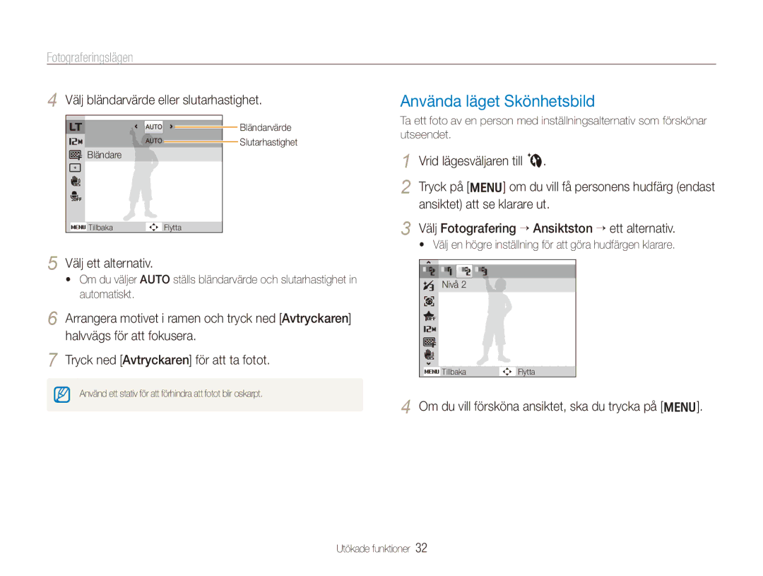 Samsung EC-PL150ZBPLE2 manual Använda läget Skönhetsbild, Välj bländarvärde eller slutarhastighet, Välj ett alternativ 