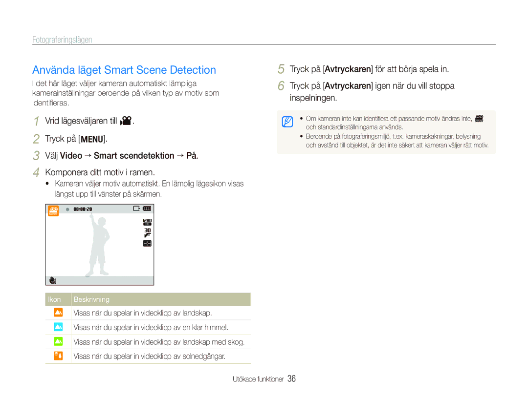 Samsung EC-PL150ZBPRE2, EC-PL150ZBPLE2, EC-PL150ZBPVE2 manual Använda läget Smart Scene Detection, Ikon Beskrivning 