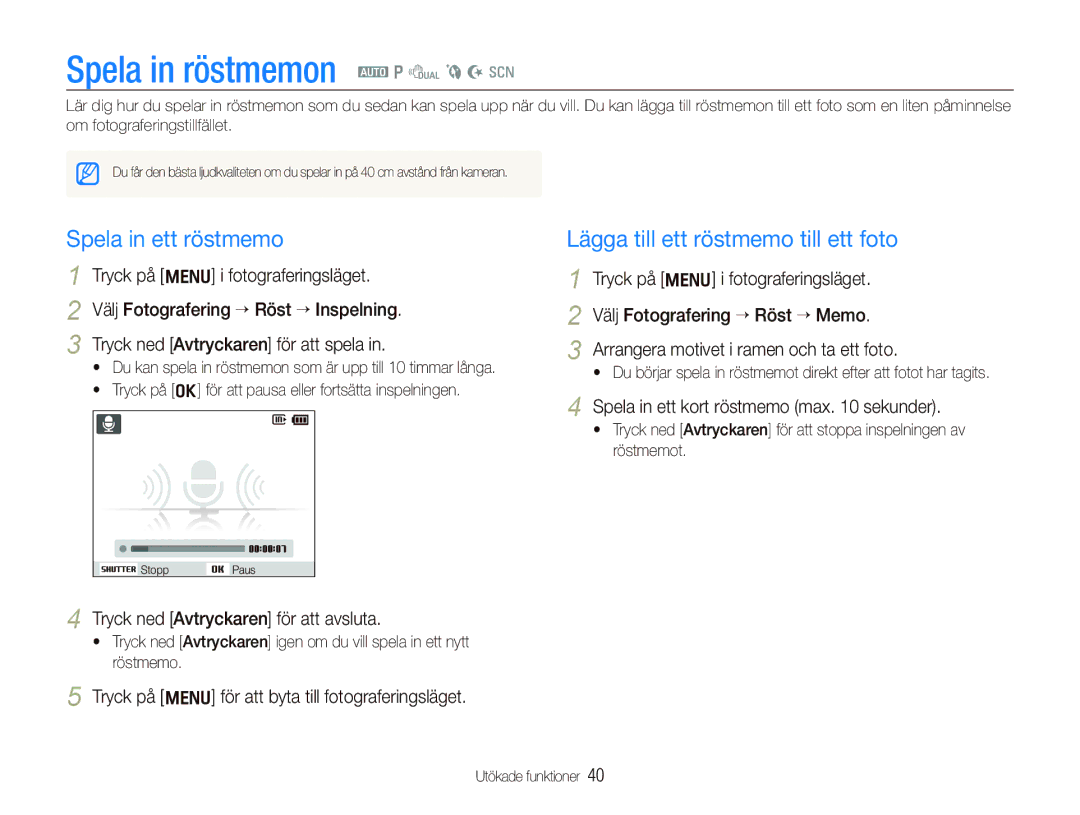 Samsung EC-PL150ZBPVE2 manual Spela in röstmemon a p d b N s, Spela in ett röstmemo, Lägga till ett röstmemo till ett foto 