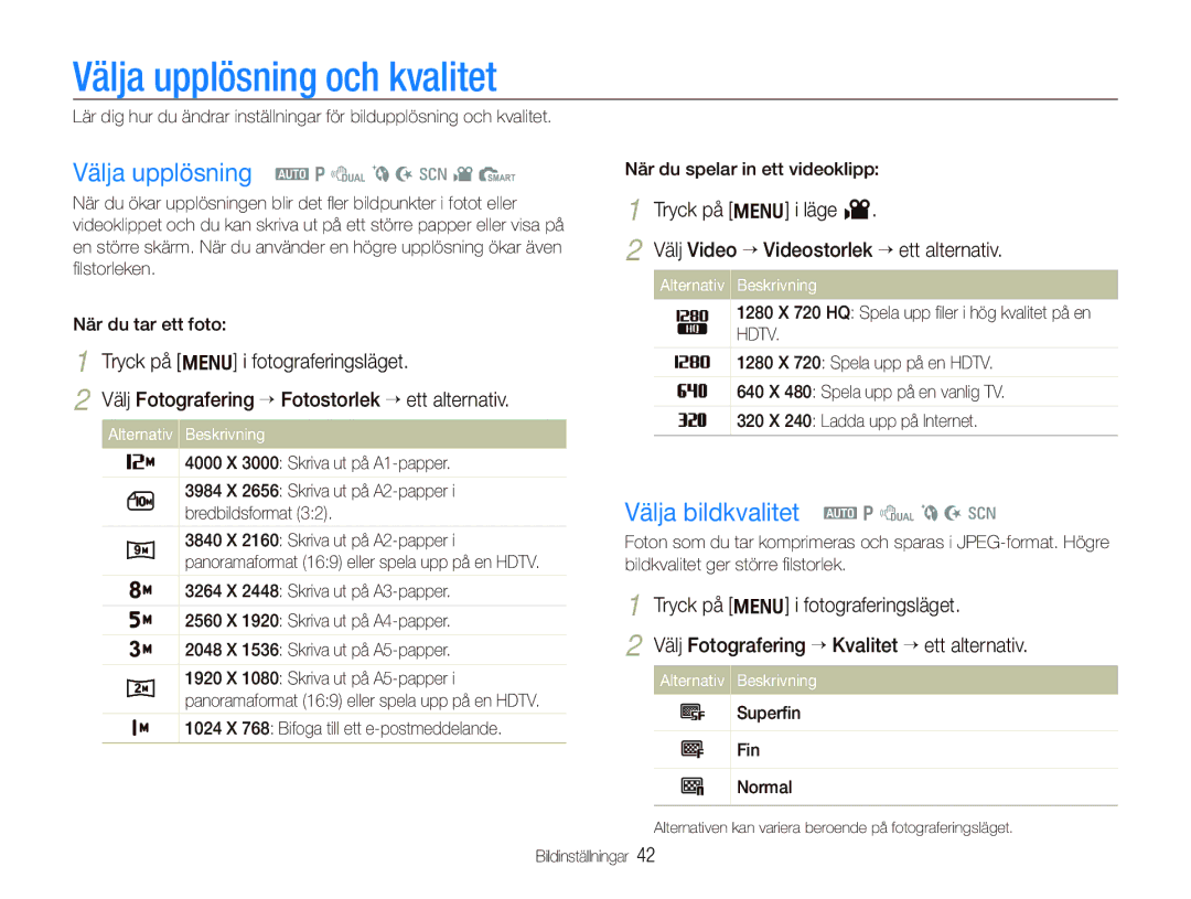 Samsung EC-PL150ZBPRE2 Välja upplösning och kvalitet, Välja upplösning a p d b N s v S, Välja bildkvalitet a p d b N s 