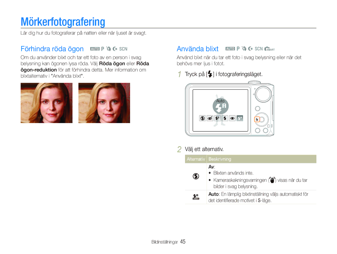 Samsung EC-PL150ZBPRE2, EC-PL150ZBPLE2 manual Mörkerfotografering, Förhindra röda ögon a p b N s, Använda blixt a p b N s S 
