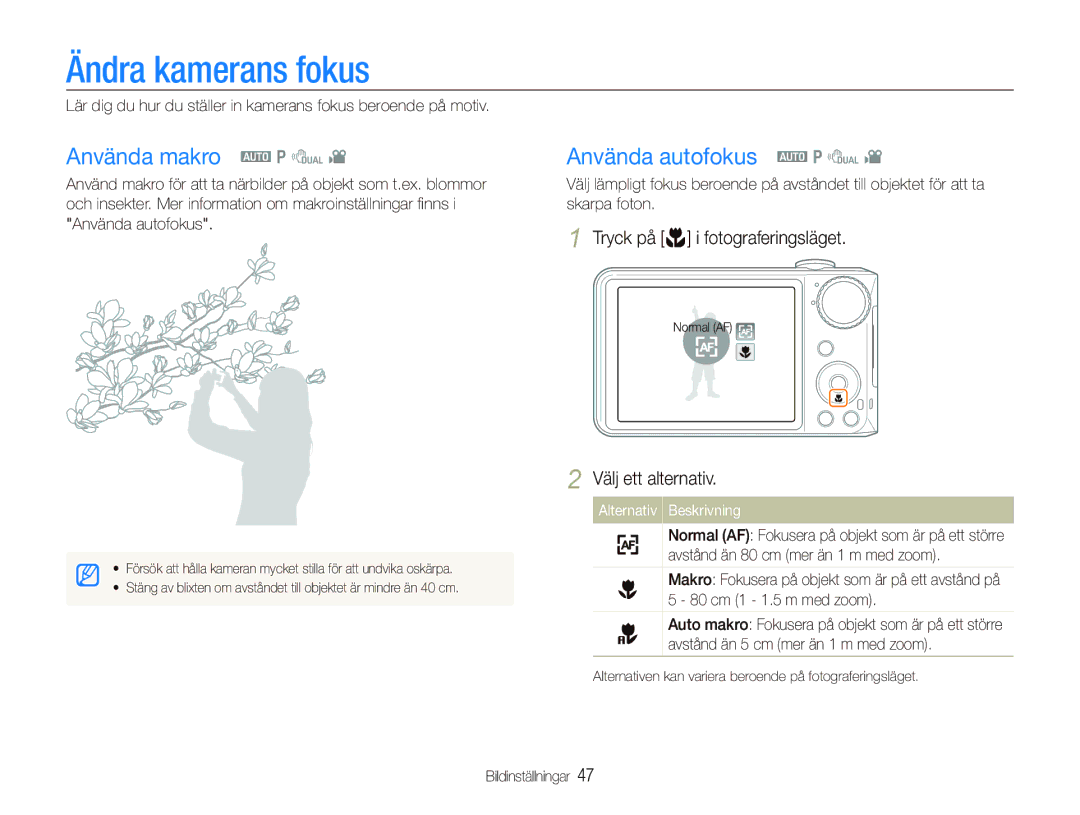 Samsung EC-PL150ZBPLE2, EC-PL150ZBPRE2, EC-PL150ZBPVE2 Ändra kamerans fokus, Använda makro a p d, Använda autofokus a p d 