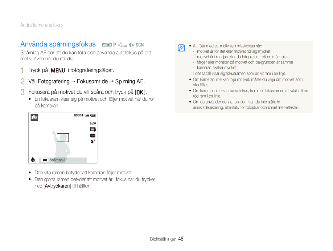 Samsung EC-PL150ZBPRE2, EC-PL150ZBPLE2, EC-PL150ZBPVE2 manual Använda spårningsfokus a p d N s, Ändra kamerans fokus 