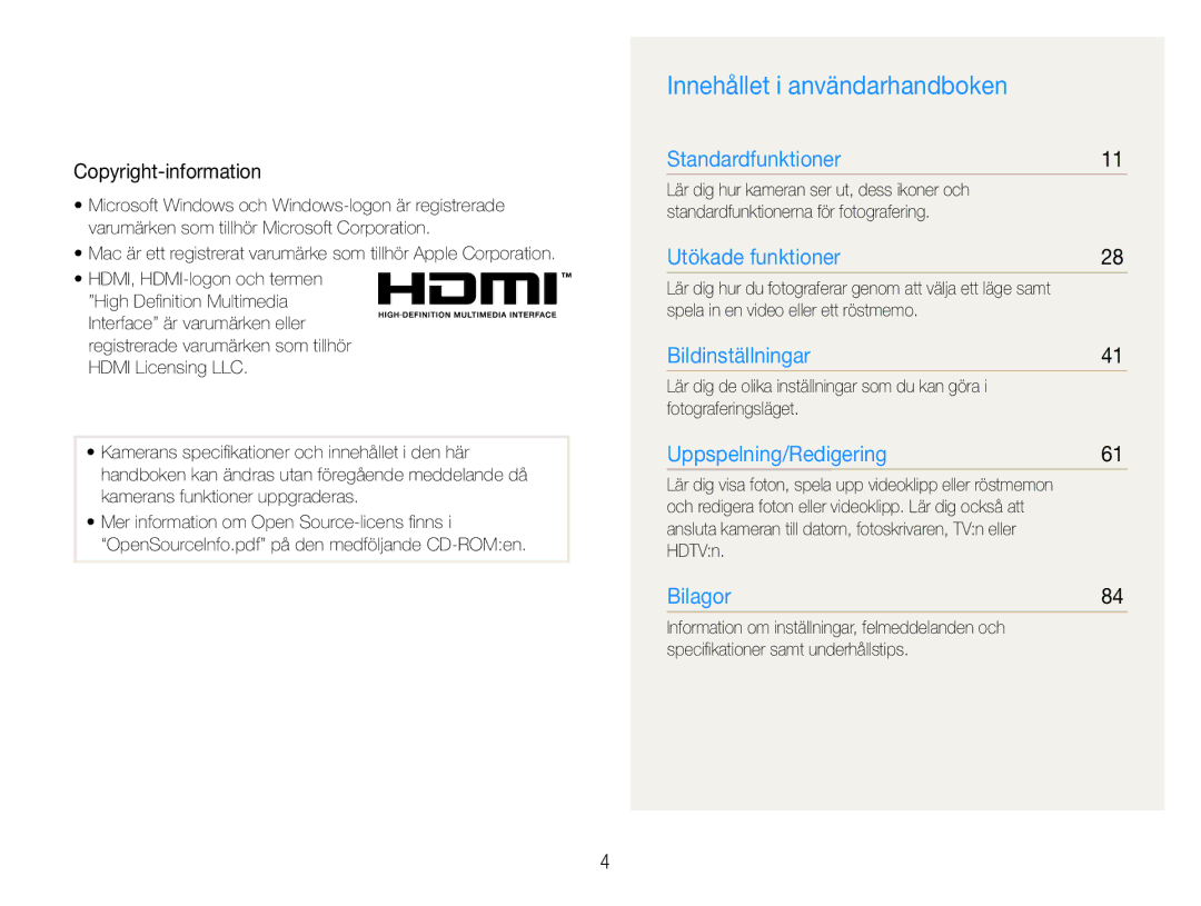 Samsung EC-PL150ZBPVE2 Innehållet i användarhandboken, Copyright-information, Spela in en video eller ett röstmemo, HDTVn 