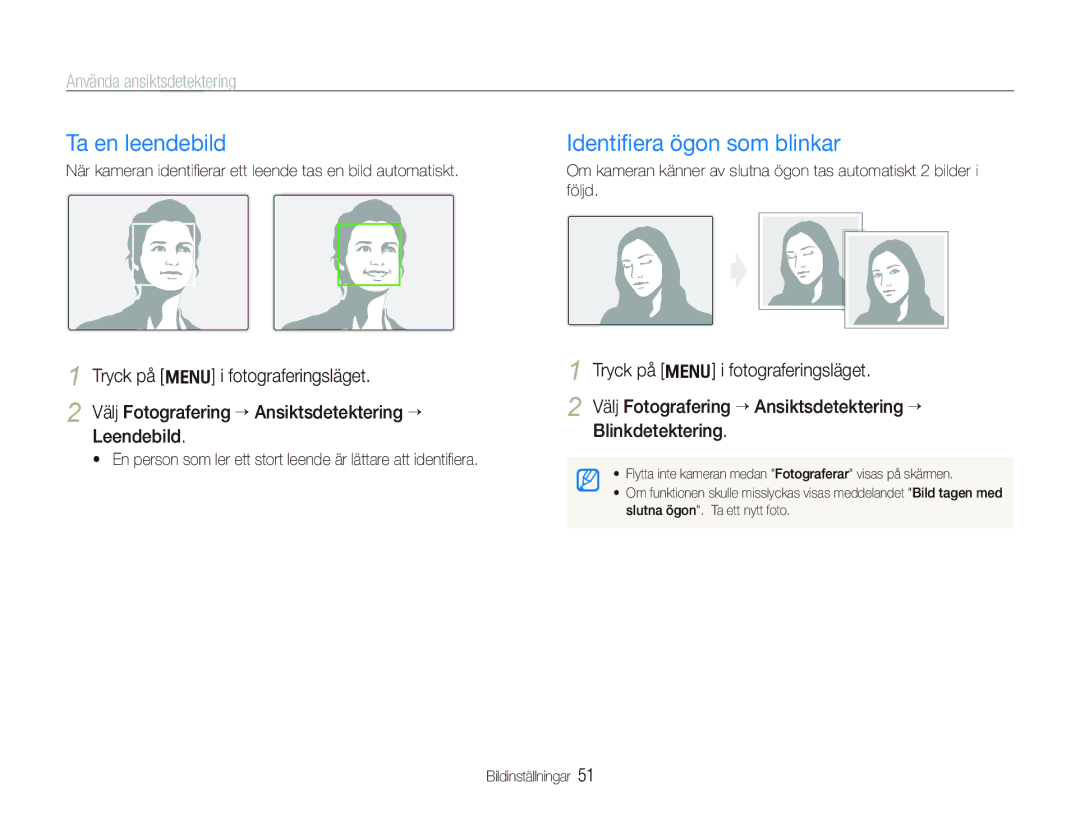 Samsung EC-PL150ZBPRE2, EC-PL150ZBPLE2 manual Ta en leendebild, Identiﬁera ögon som blinkar, Använda ansiktsdetektering 