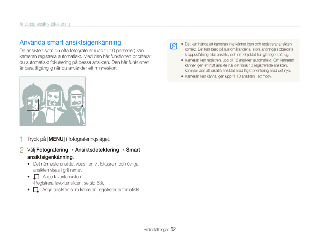 Samsung EC-PL150ZBPVE2 manual Använda smart ansiktsigenkänning,  Ange ansikten som kameran registrerar automatiskt 