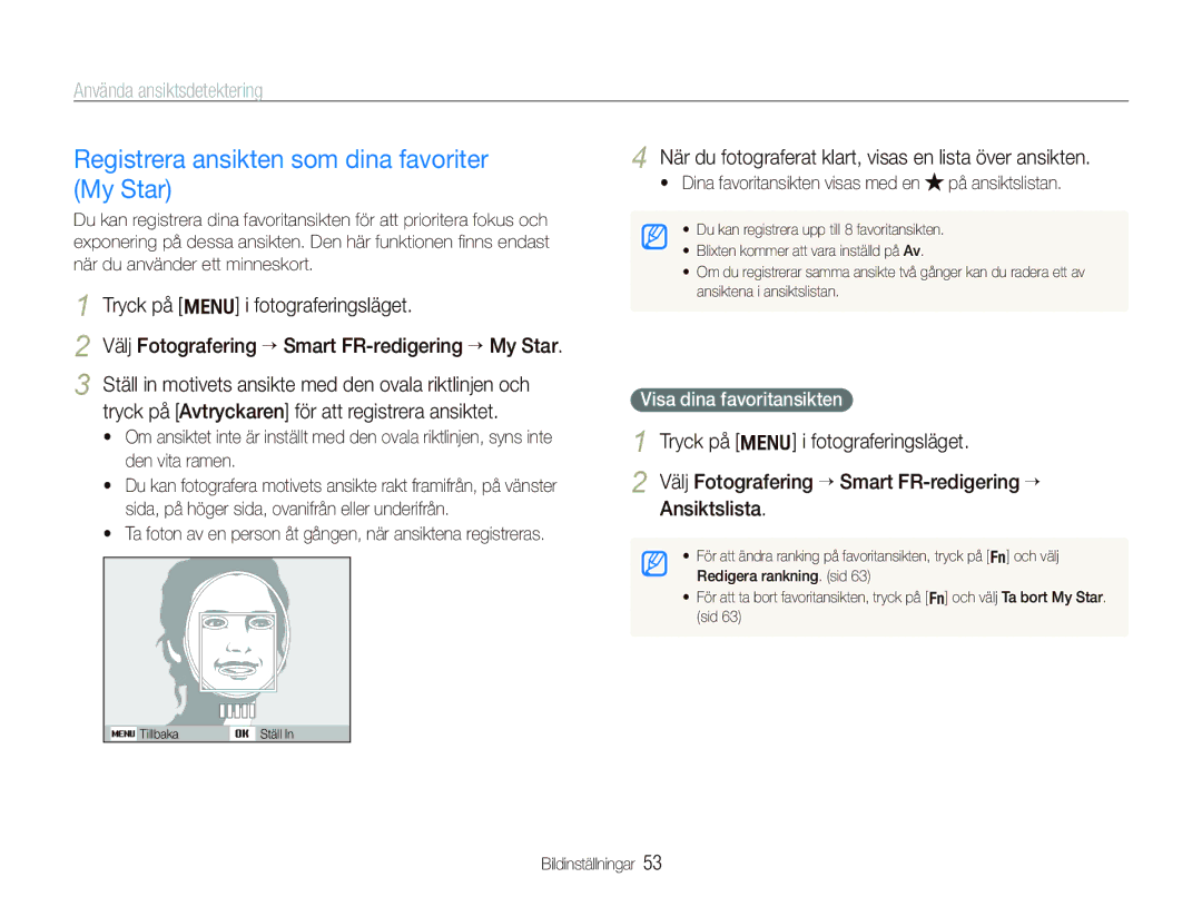 Samsung EC-PL150ZBPLE2, EC-PL150ZBPRE2 manual Registrera ansikten som dina favoriter My Star, Visa dina favoritansikten 