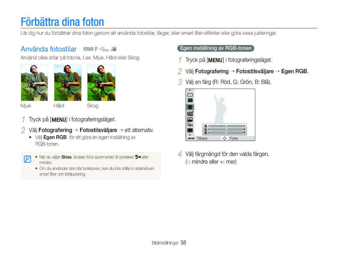 Samsung EC-PL150ZBPVE2, EC-PL150ZBPLE2 manual Förbättra dina foton, Använda fotostilar a p d, Egen inställning av RGB-tonen 