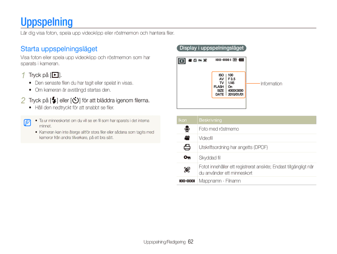 Samsung EC-PL150ZBPLE2 Uppspelning, Starta uppspelningsläget, Tryck på P, Tryck på F eller t för att bläddra igenom ﬁlerna 