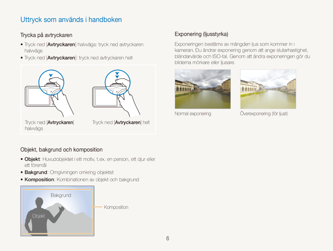 Samsung EC-PL150ZBPRE2 manual Uttryck som används i handboken, Trycka på avtryckaren, Exponering ljusstyrka, Objekt 