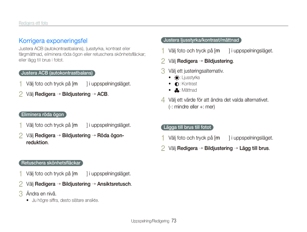 Samsung EC-PL150ZBPVE2, EC-PL150ZBPLE2, EC-PL150ZBPRE2 manual Korrigera exponeringsfel 