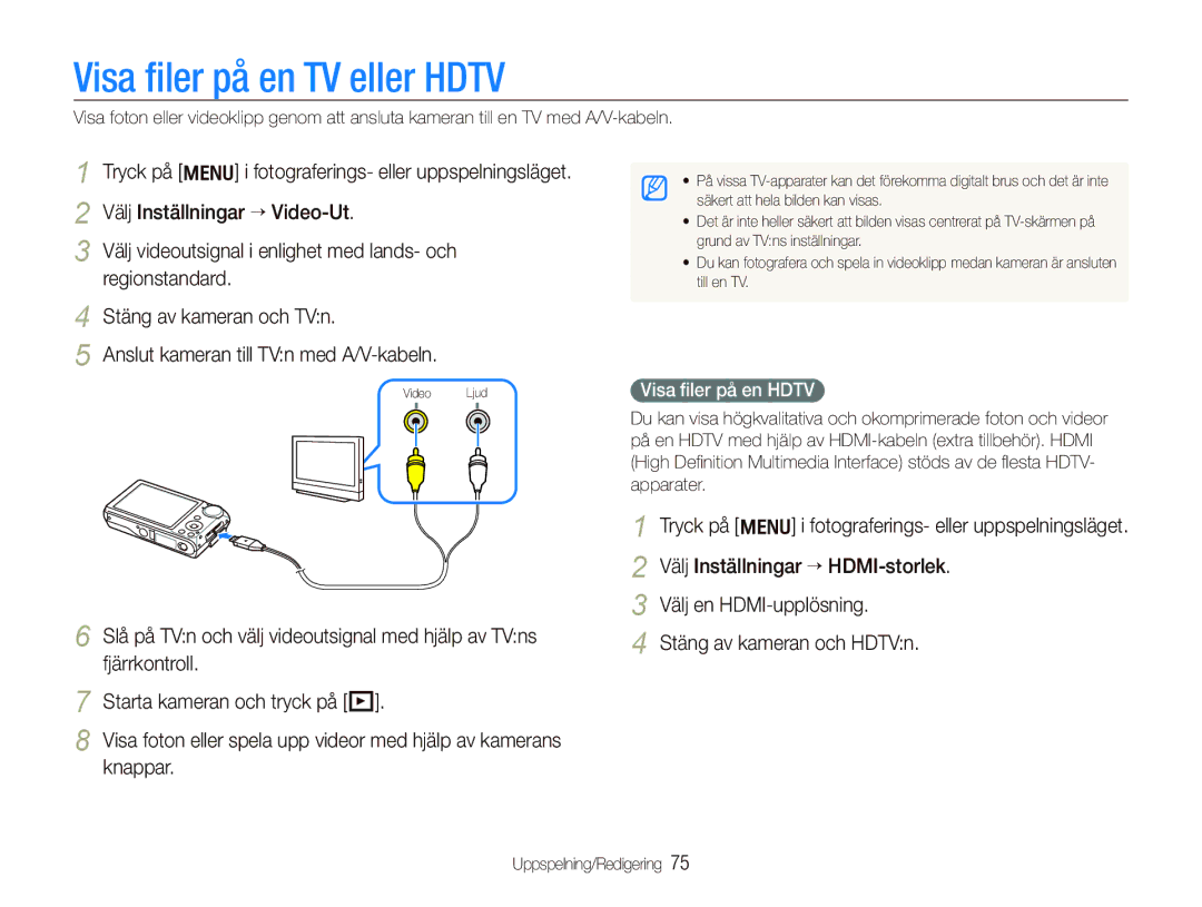 Samsung EC-PL150ZBPRE2, EC-PL150ZBPLE2, EC-PL150ZBPVE2 manual Visa ﬁler på en TV eller Hdtv 