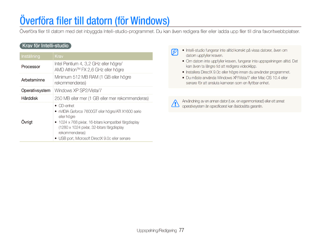 Samsung EC-PL150ZBPLE2, EC-PL150ZBPRE2 Överföra ﬁler till datorn för Windows, Krav för Intelli-studio, Inställning Krav 