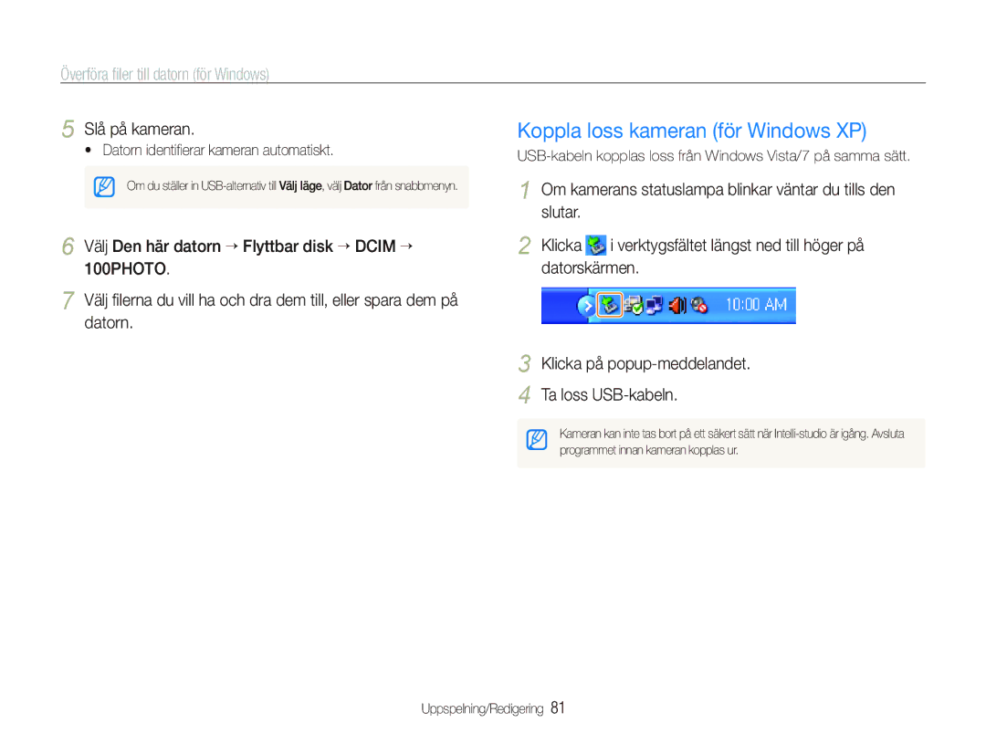 Samsung EC-PL150ZBPRE2, EC-PL150ZBPLE2 manual Koppla loss kameran för Windows XP,  Datorn identiﬁerar kameran automatiskt 