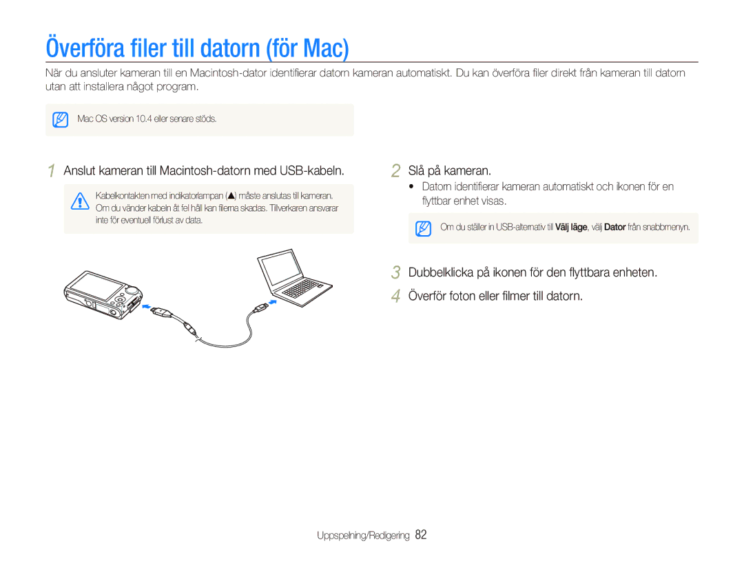 Samsung EC-PL150ZBPVE2 manual Överföra ﬁler till datorn för Mac, Anslut kameran till Macintosh-datorn med USB-kabeln 