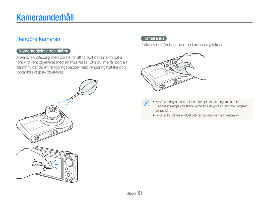 Samsung EC-PL150ZBPVE2, EC-PL150ZBPLE2 manual Kameraunderhåll, Rengöra kameran, Kameraobjektiv och skärm, Kamerahus 