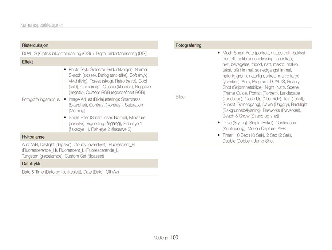 Samsung EC-PL150ZBPVE2, EC-PL150ZBPLE2, EC-PL150ZBPRE2 manual Kameraspesifikasjoner 