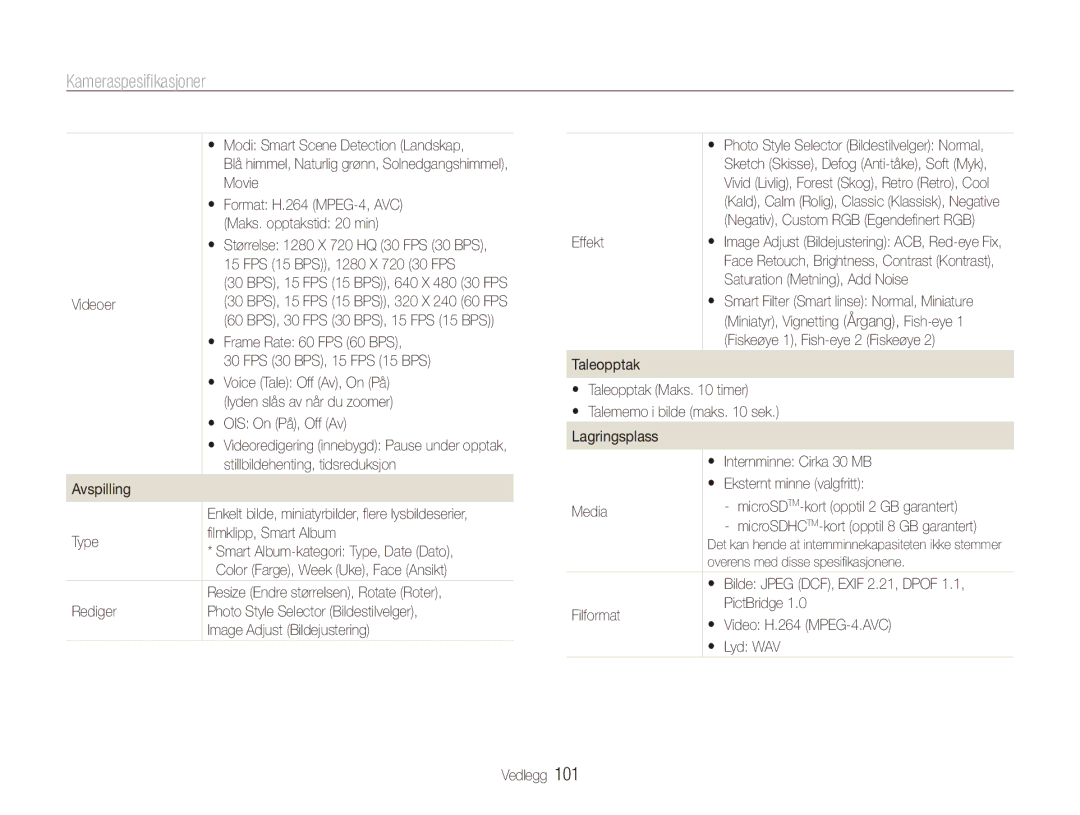 Samsung EC-PL150ZBPLE2 manual Format H.264 MPEG-4, AVC, Maks. opptakstid 20 min, FPS 15 BPS, 1280 X 720 30 FPS, Videoer 