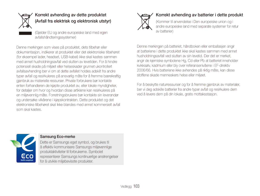 Samsung EC-PL150ZBPVE2, EC-PL150ZBPLE2, EC-PL150ZBPRE2 manual Korrekt avhending av batterier i dette produkt 