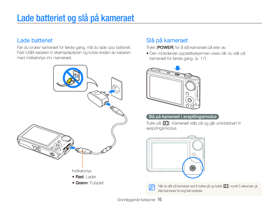 Samsung EC-PL150ZBPVE2, EC-PL150ZBPLE2 manual Lade batteriet og slå på kameraet, Slå på kameraet i avspillingsmodus 